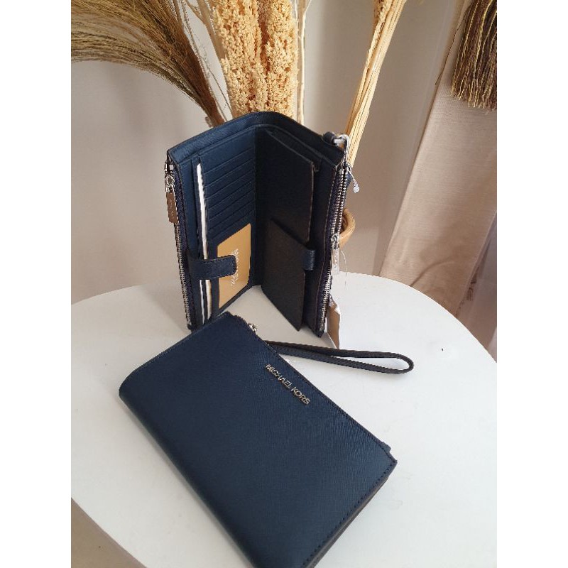 mk jet set travel double zip wallet navy original