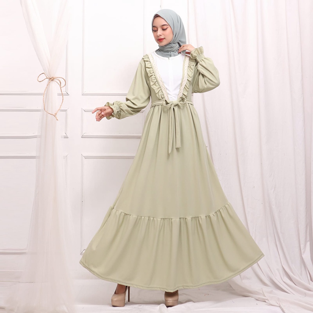 Gamis busui ruffle dada renda tali pinggang rempel 2 susun lengan smoked bahan voxy premium merk hf 