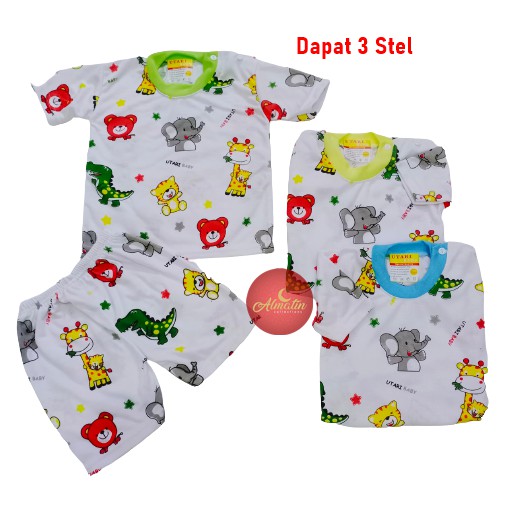 3 Stel Baju Bayi Pendek Kancing Pundak / Baju Anak / Piyama Bayi