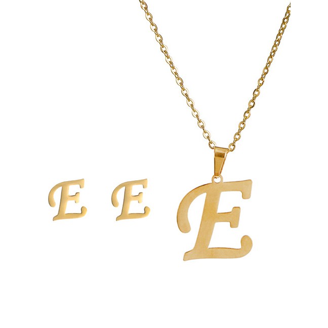 LRC Kalung Abjad Fashion A Gold Stainless Steel Letter Necklace Earrings Two-piece A-N
