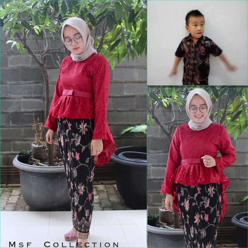 Couple Stelan Kebaya Ayu Kombi Rok Plisket Ibu dan Kemeja Batik Anak