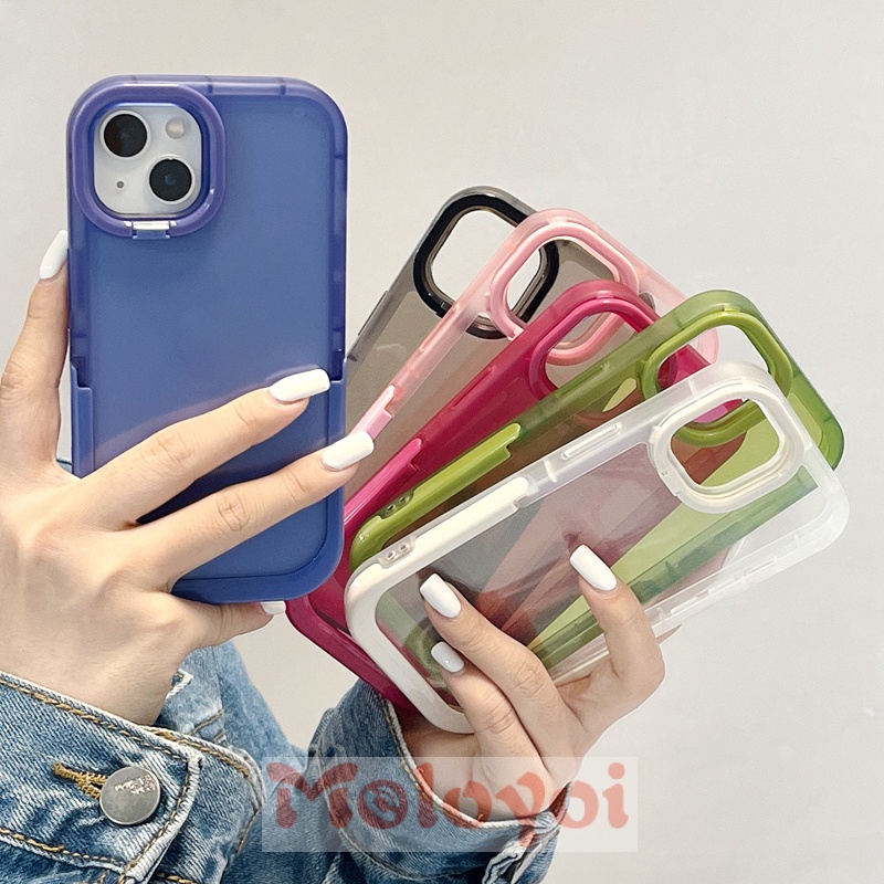 Soft Case TPU Warna Macaron Polos Dengan Kickstand Lipat 2 IN 1 Untuk IPhone 8plus 11 Pro MAX XR X 7plus 13 12 11 Pro MAX 7 8 Plus XS MAX