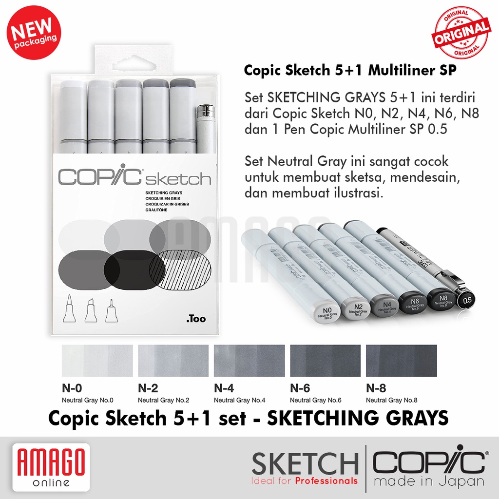 COPIC SKETCH - SET ISI 5 WARNA NEUTRAL GRAY + 1 MULTILINER SP 0.5