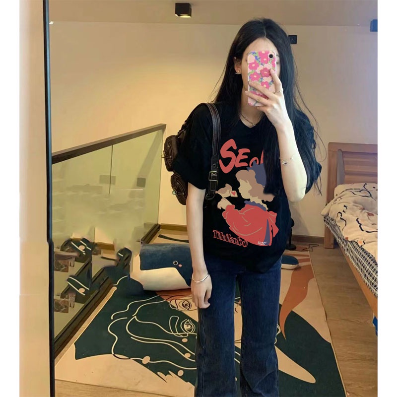 baju atasan wanita print kaos hitam oversize t shirt korean style import lengan pendek baju kaos