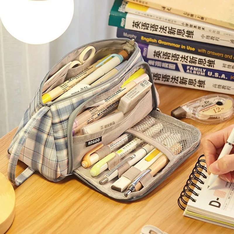 

Simple Lattice Girl Can Carry a Pencil Case Large Capacity Storage Stationery Box Stationery Bag Stu