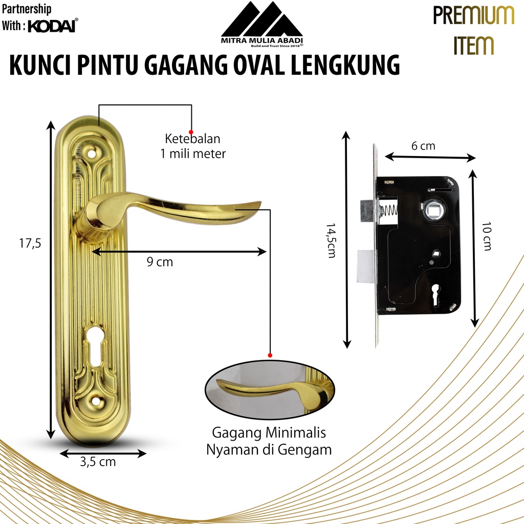 Kunci Pintu Emas Gagang Oval Lengkung I By TOP Safety I Fullset