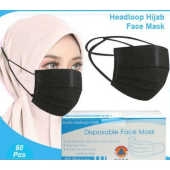 Alkindo Masker Hitam 3ply Isi 50pc Ijin BNPB &amp; Kemenkes RI - Disposable Black Face Mask