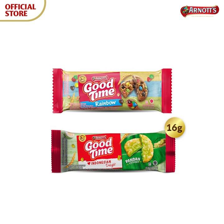 Good Time Rainbow Chocochips Cookies 16 gr + Good Time Cookies Pandan Coconut 16 gr