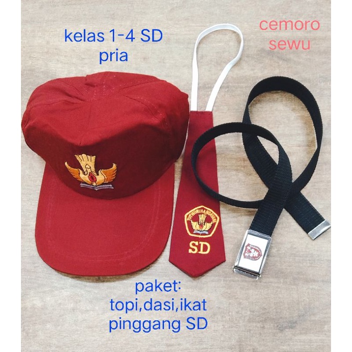 Paket topi dasi dan ikat pinggang SD kelas 1-4 siswa pria