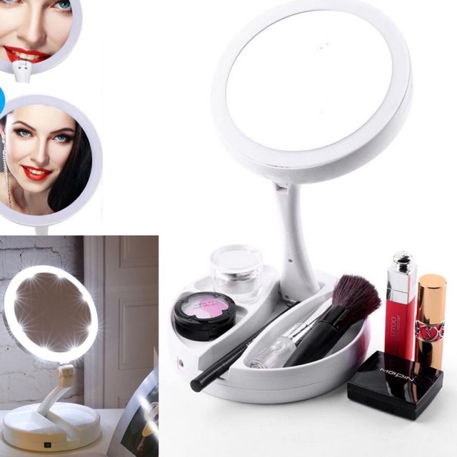 CERMIN PUTIH BULAT LAMPU LED MIRROR DUA SISI USB BATERAI KACA MAKEUP