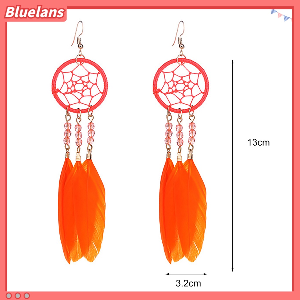 Bluelans 1 Pasang Anting Juntai Desain Dream Catcher Hollow Out Aksen Bulu Gaya Etnik Bohemia