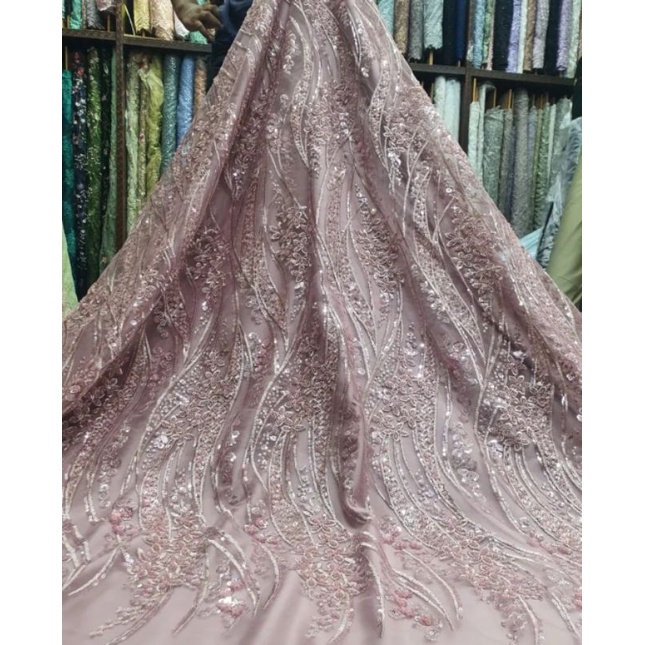 Kain Tile Bordir Mutiara Payet,Brukat Kebaya,Tulle Payet,Bahan Brukat Tile Mutiara Bordir