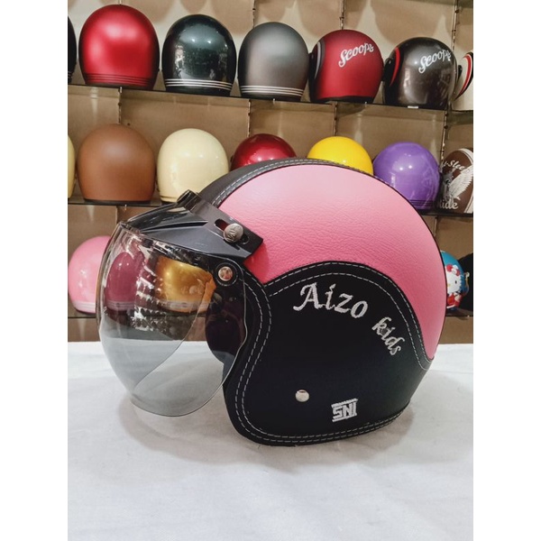Aizo Kids Helm Anak Full Kulit Warna Pink Hitam Berlabel SNI Bisa COD Free Packing Kardus & Bubble W
