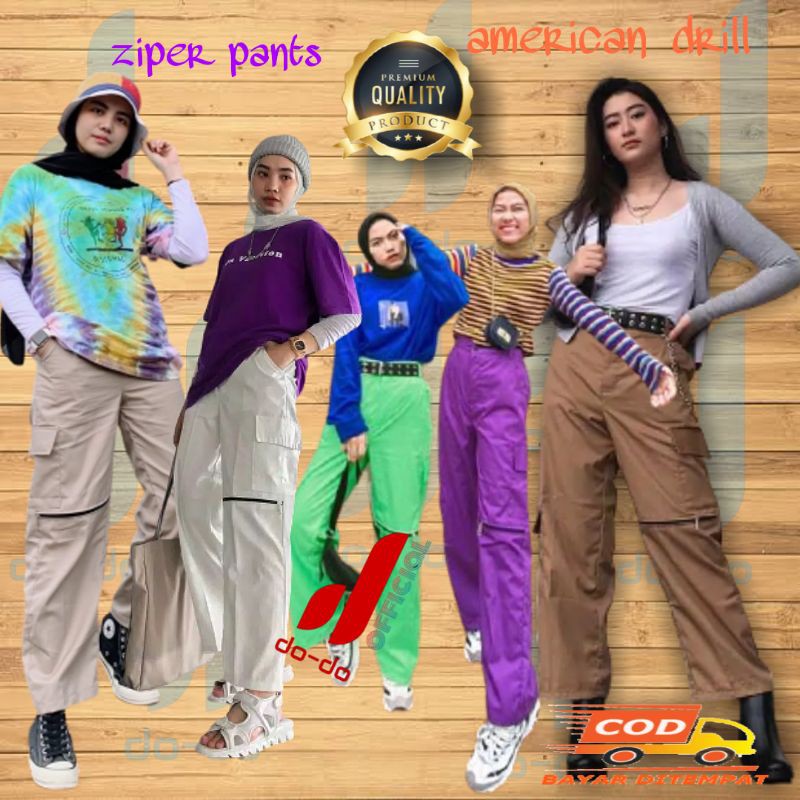 ZIPPER PANTS CARGO WANITA KUALITAS PREMIUM BAGGY ZIPER CEWEK