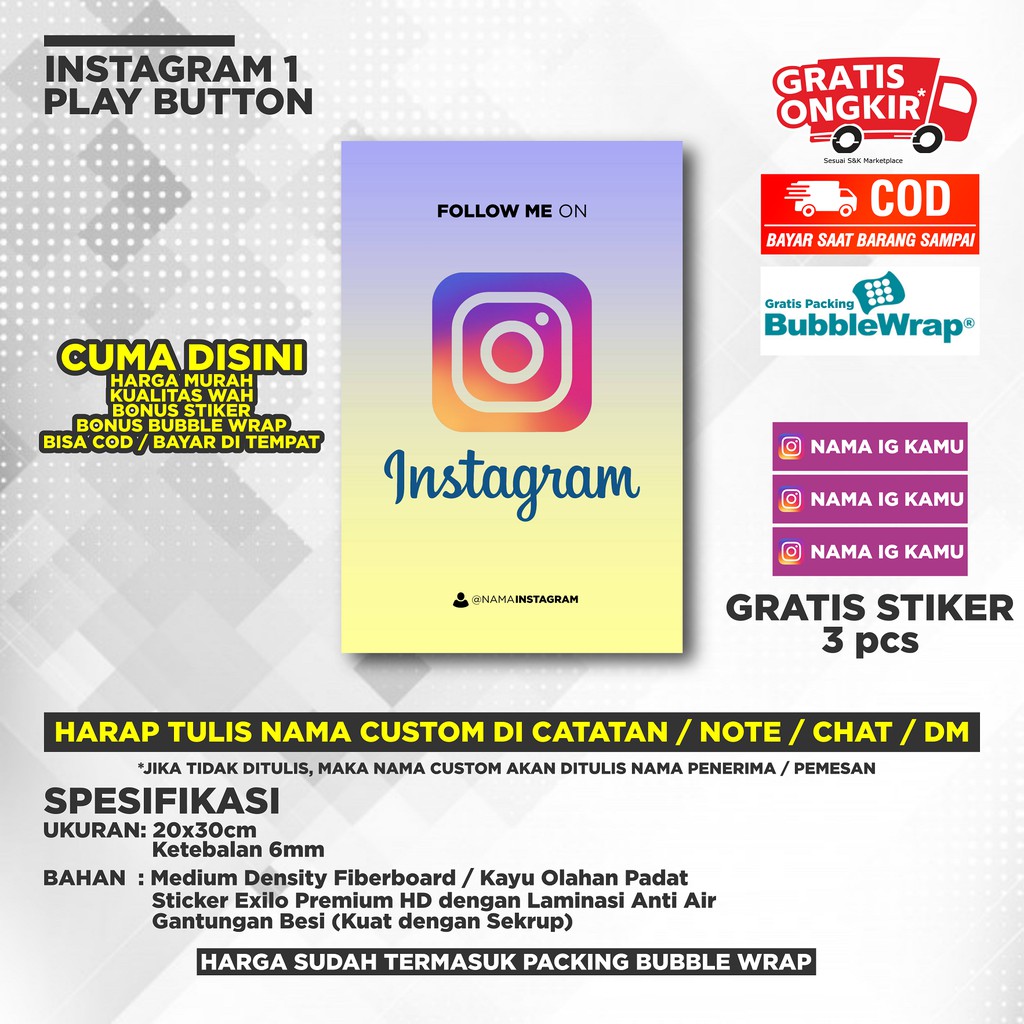 

INSTAGRAM 1 PLAY BUTTON BISA UBAH NAMA KAMU - BONUS STIKER - PACKING BUBLE WRAP HITAM