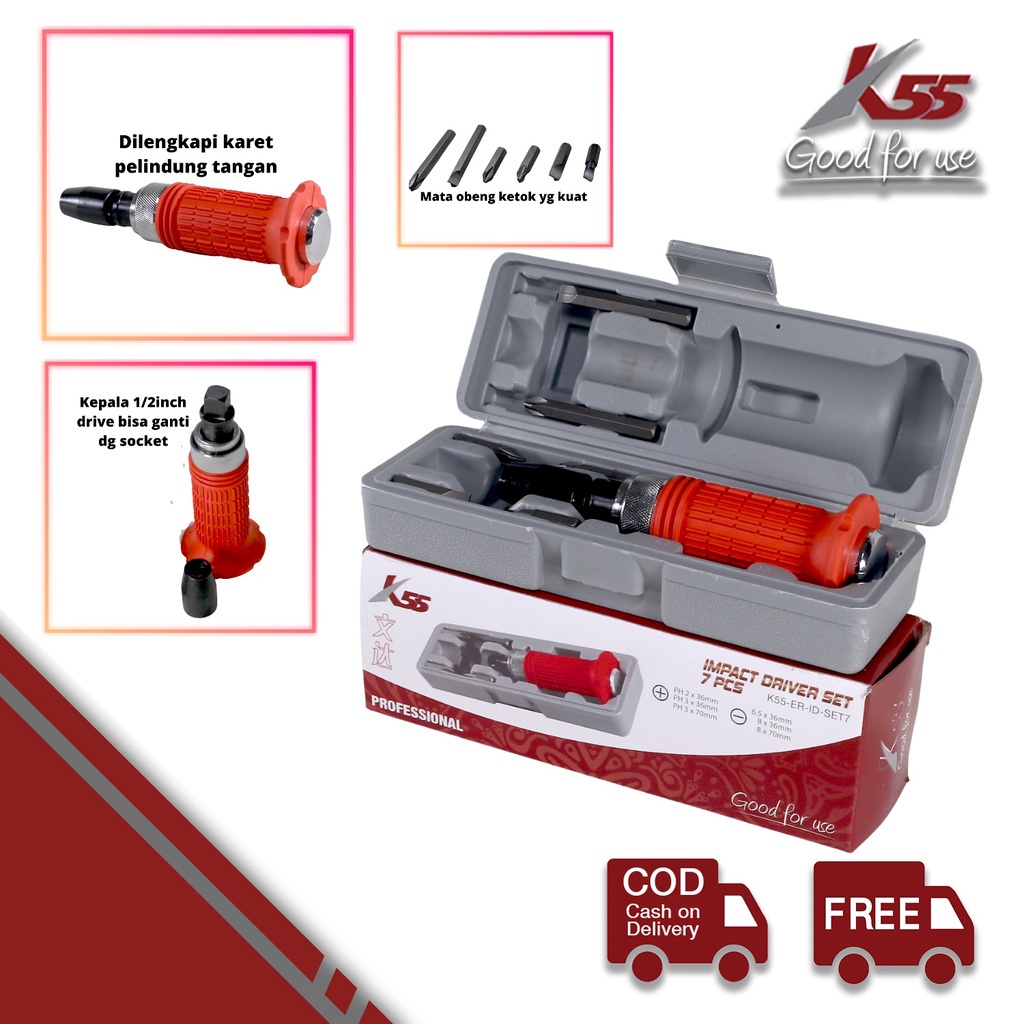 K55 Obeng Ketok Set 7 Pcs - Impact Screwdriver Obeng Getok Gagang Karet