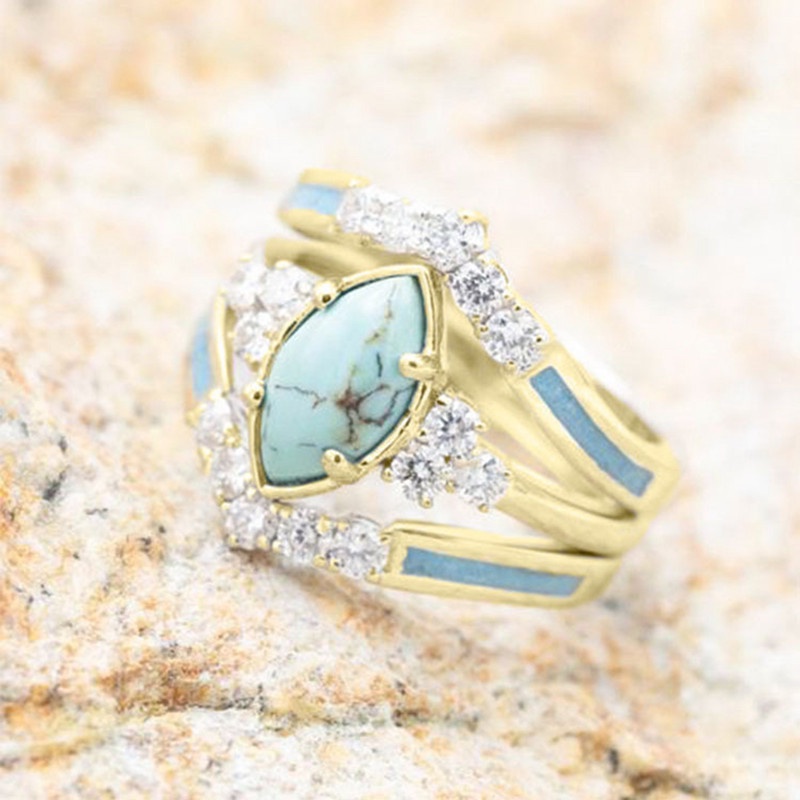 Set Cincin Berlian Turquoise Warna Emas Dan Silver Untuk Wanita