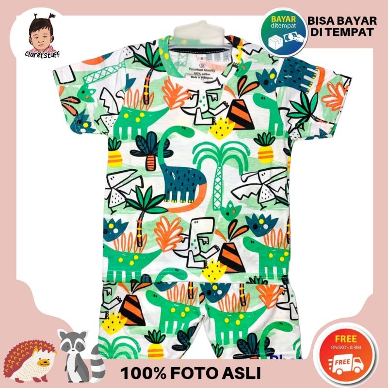 Baju Kaos Anak Lelaki Perempuan Motif Dinosaurus Hijau Usia 1-5 TH