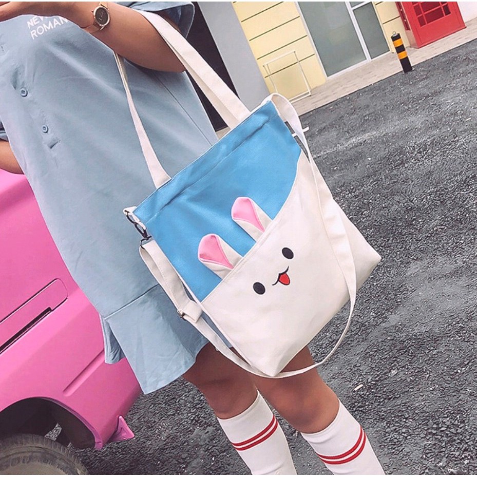 Twenty Bag - Tas Tote Bag Wanita Resleting Terbaru 2022 Aesthetic Kekinian Motif Carakter Rabbit Kelinci Korea Style Multifungsi