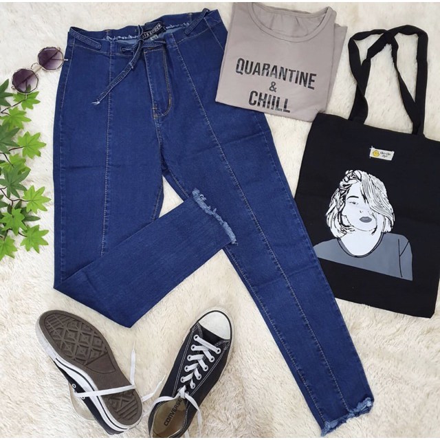 VALERY (27-34) HIGH WAIST JEANS TULANG PINGGANG TALI / Celana High Waist Jeans Front Line Pinggang T