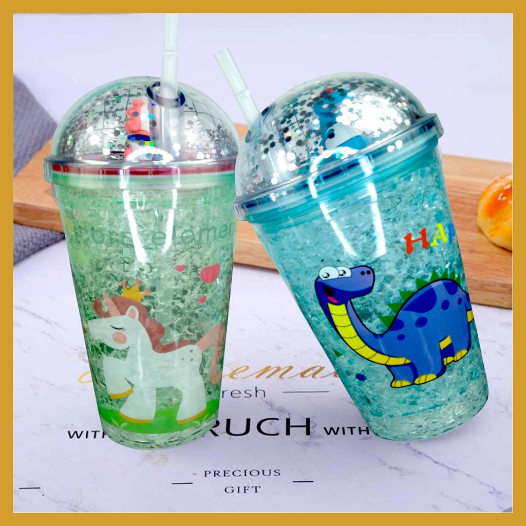 Botol Minum Tumblr Tempat Air Minum Sedotan 450ML Karakter Unicorn Dinosaurus Bottle Tumblr Anak GOSHOP88