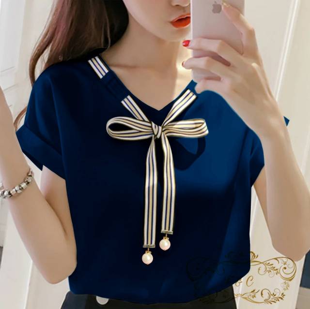 BISA COD - BLOUSE LAURA Blouse Korean Style Wanita Remaja Atasan Kaos Blouse Wanita Dewasa Lengan Pendek Bahan Balotelly-2