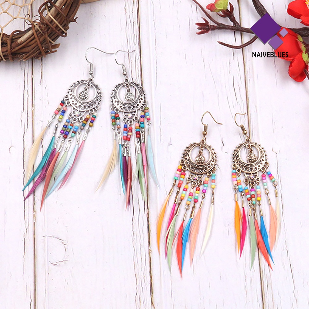 Anting Kait Gantung Desain Lingkaran Hollow Aksen Bulu Gaya Boho Untuk Wanita