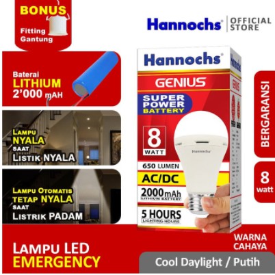 Hannochs Lampu LED Emergency Genius 8W Putih AC/DC 8 Watt Fitting