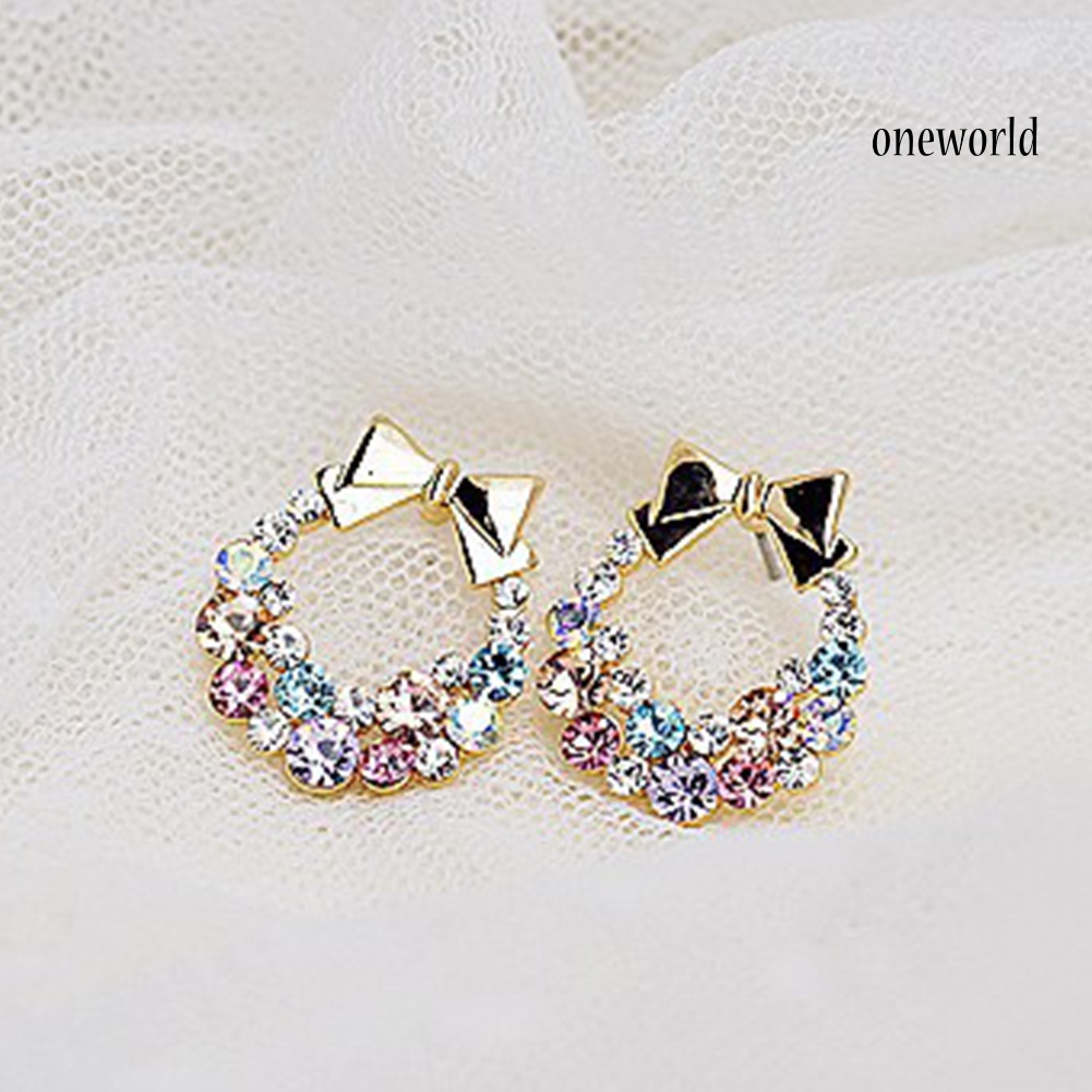 OW@ Women Multicolor Rhinestone Inlaid Bowknot Decor Stud Earrings Jewelry Gift