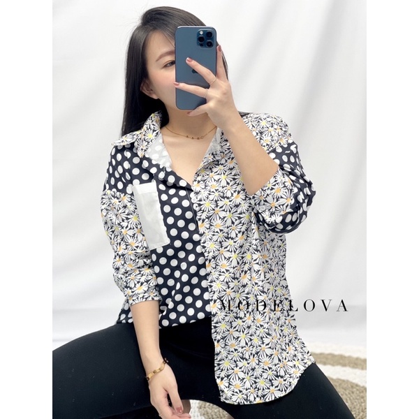 MDLV ~ 2690# Sarabeth Combine Shirt Premium Import Kemeja Two Tone Kemeja Blouse Korea Fashion Import