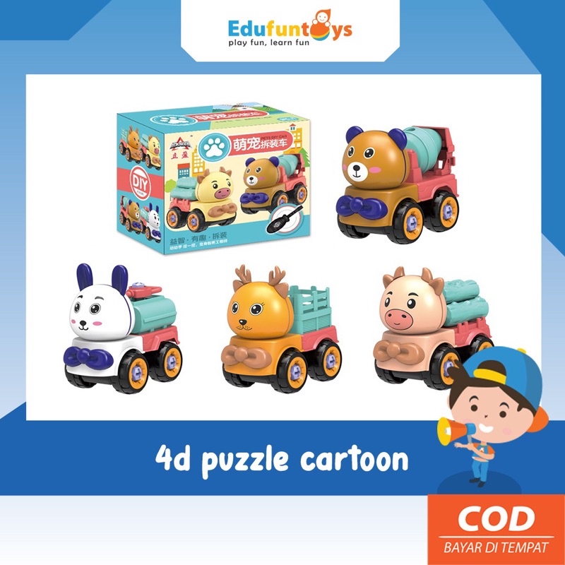 Readyy - Edufuntoys - 4D CARTOON CAR puzzle assembly/ Mainan Mobil mobilan Bongkar Pasang DIY Edukas