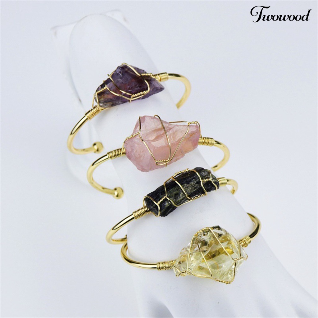 Twowood Wire Wrap Natural Stone Women Bracelet Alloy Irregular Stone Opening Adjustable Bangle Jewelry Gift