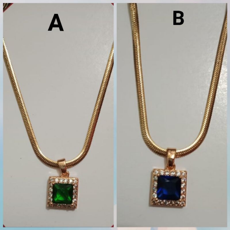 kalung titanium C3 316 45cm berlapis emas 45cm dengan batu permata hijau dan biru rl12.