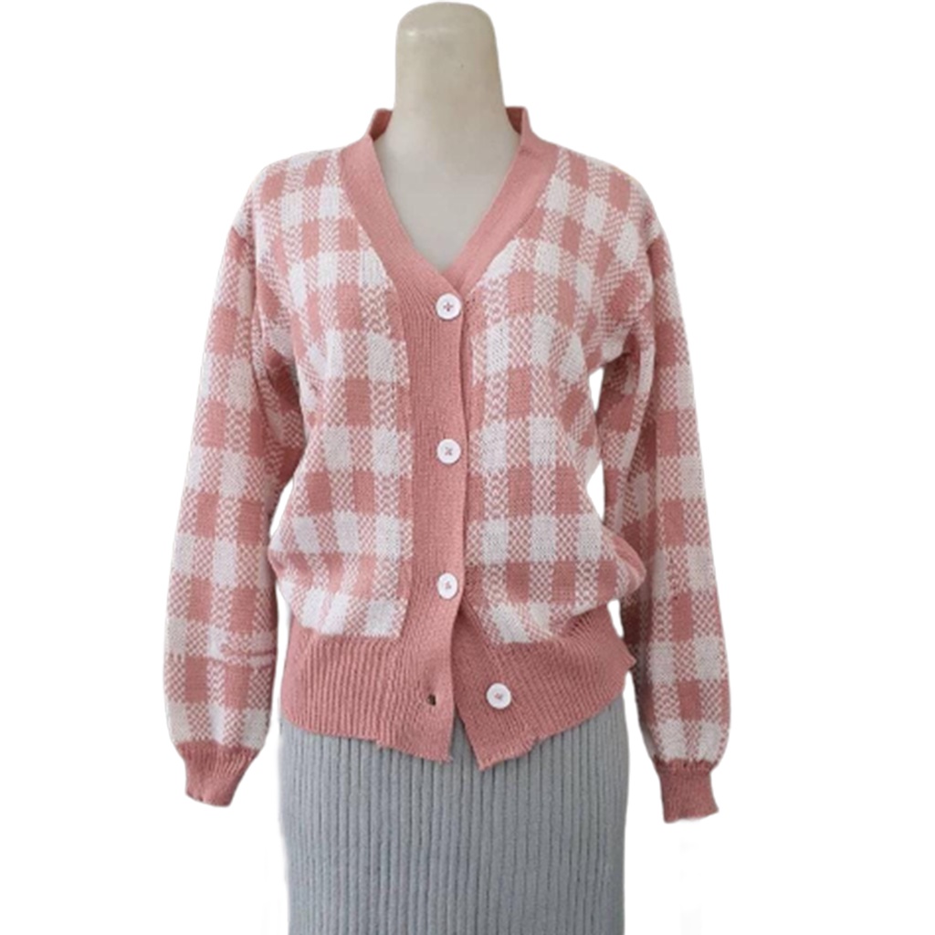 Vallina Plaid Knit Cardigan | Outer Rajut Kotak Kardigan Muslim Wanita Korean Style-5