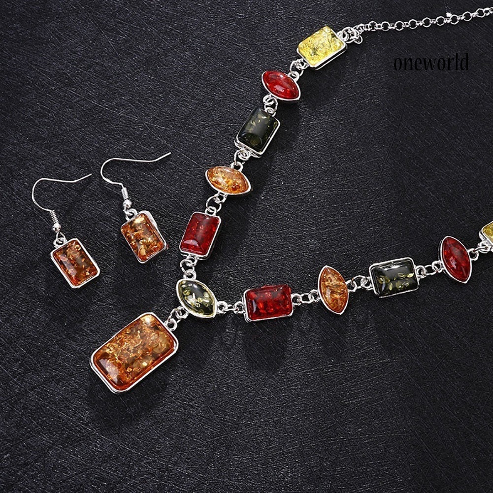 OW@ Square Oval Amber African Style Women Necklace Hook Earrings Party Jewelry Set