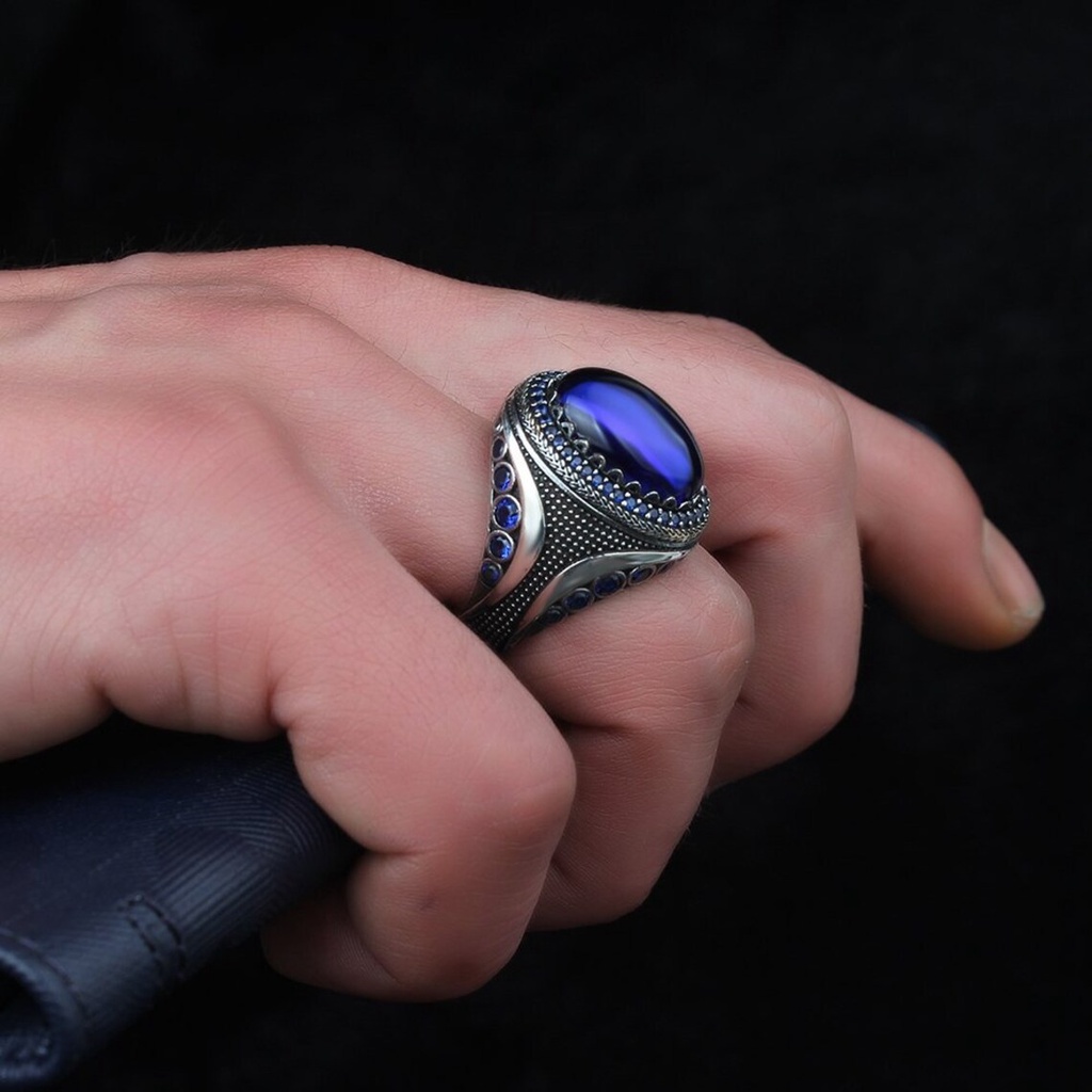 Safir Berlian Cincin Stainless Steel Perak Batu Permata Hip Hop Fashion Pria Punk Keren Rings