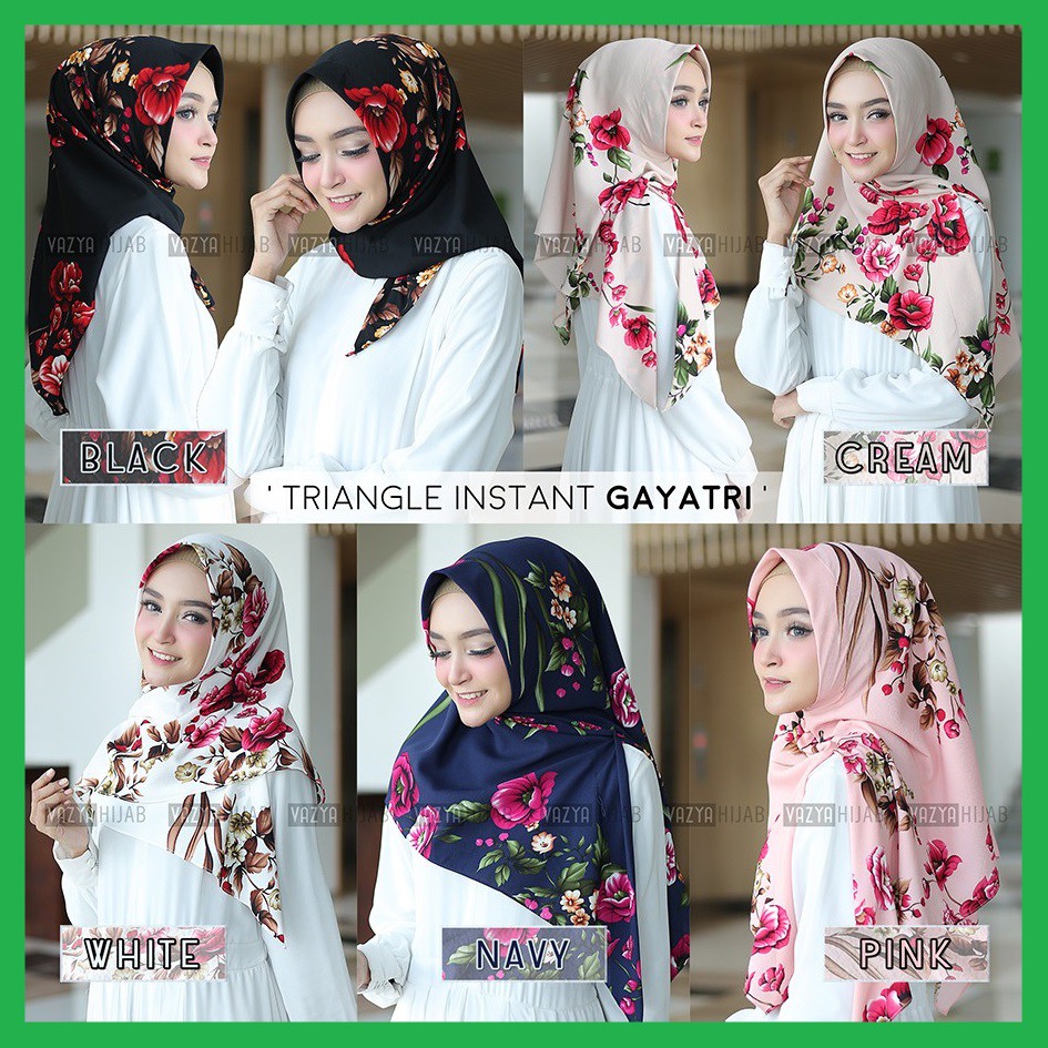 ✅ Gayatri Triangle Hijab Segi Tiga Instan Bubbleprint Kerudung Motif Bunga Blooming Rose White Cream