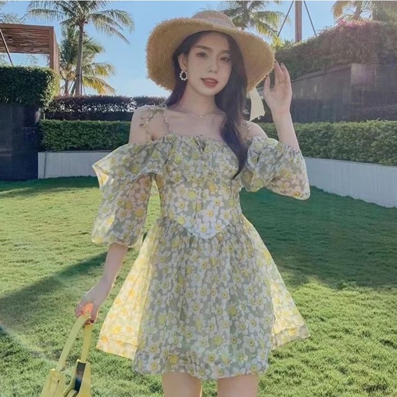 green flower sabrina bahan organza mini dress motif bunga hijau CODE TG-1038