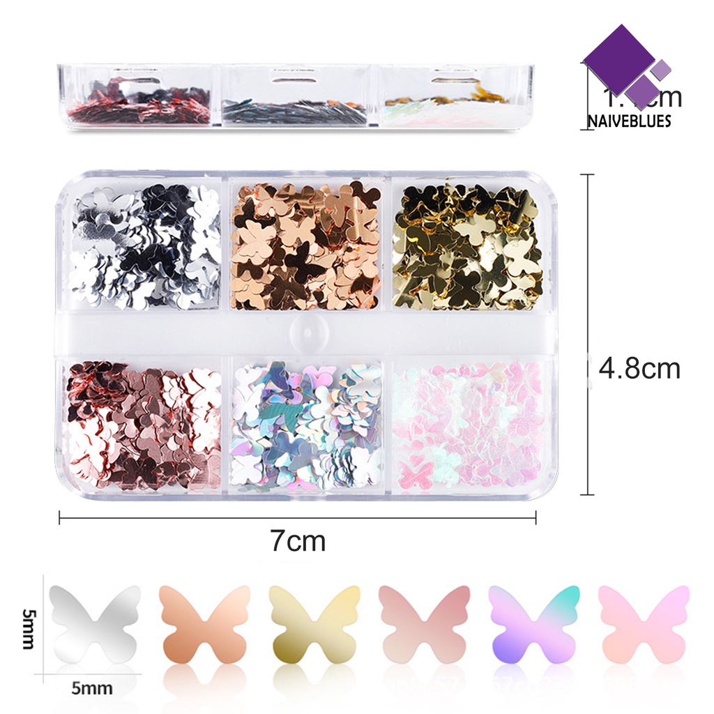 Naiveblue &gt; 6 Sekat / Kotak Sequin / Payet Bentuk Kupu-Kupu Untuk Dekorasi Nail Art Butterfly