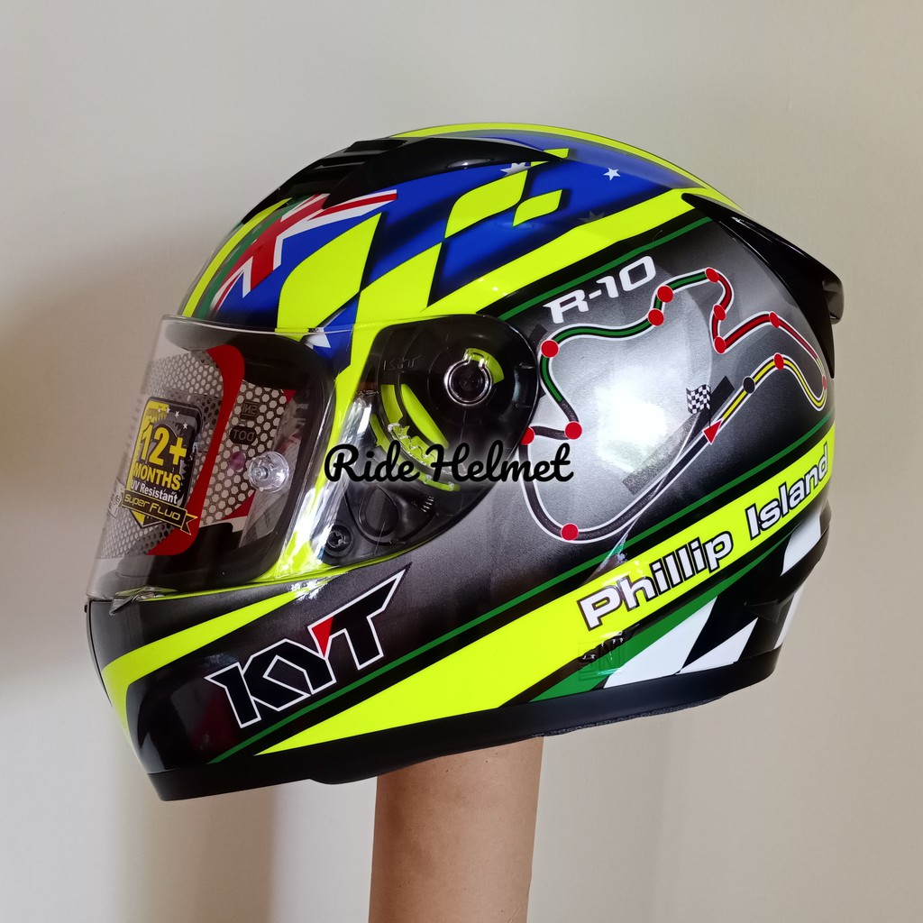 Helm Full Face KYT R10 Motif Philip Phillip Island GP Race Circuit Flat Visor Hijau Kuning Balap