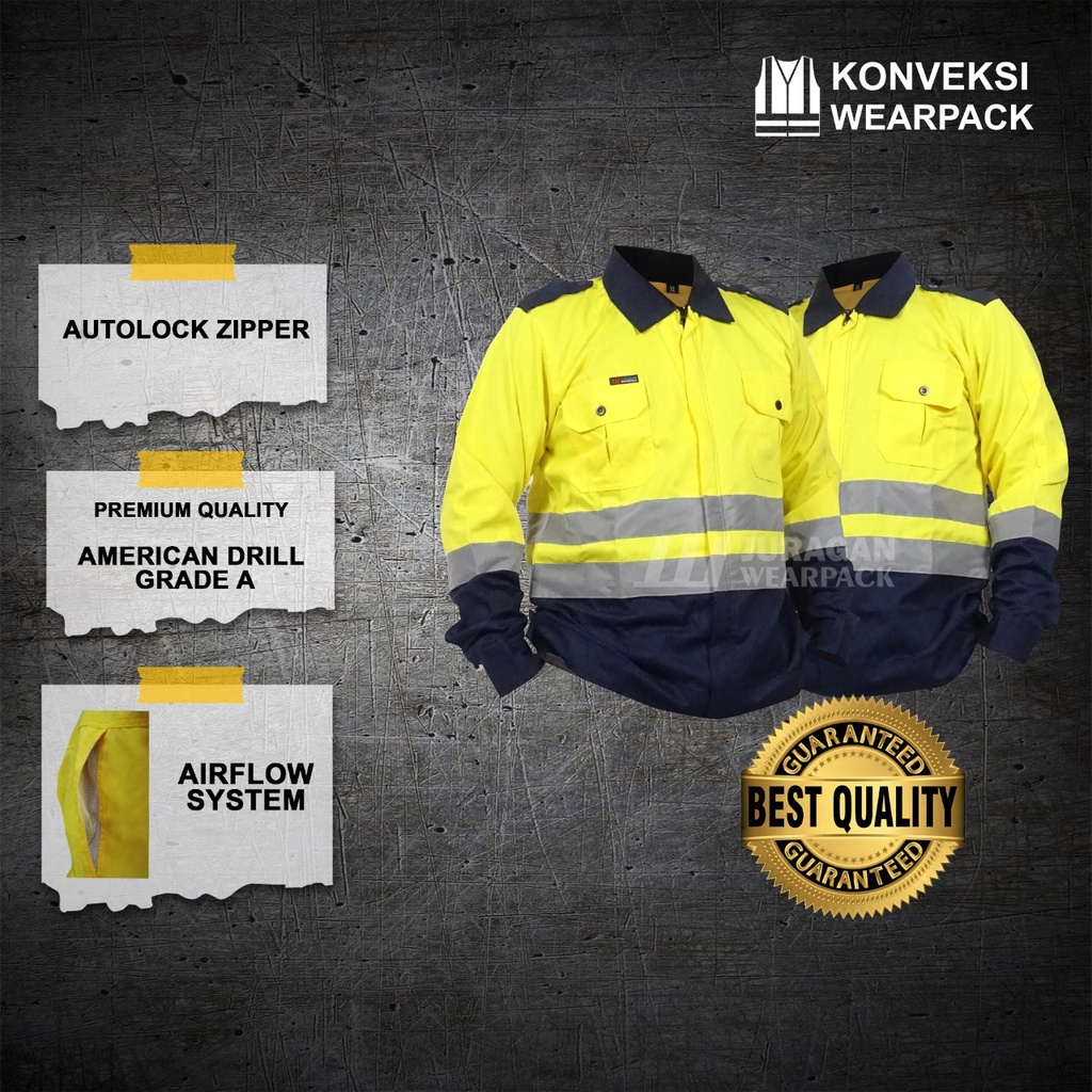 Wearpack Atasan Kerja Warna Kuning Lengan Panjang Kombinasi Biru Navy