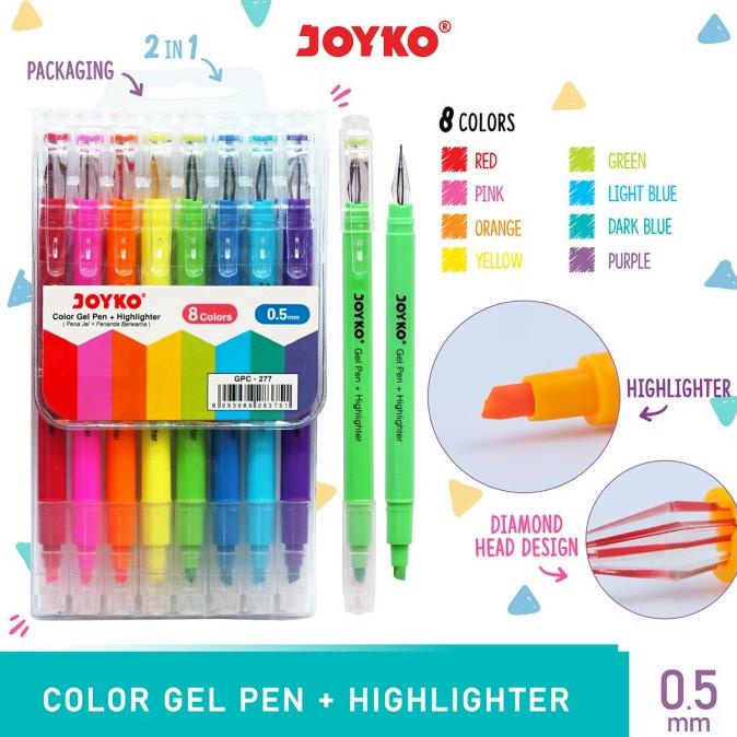 

+++++] Color Gel Pen Pena Jel + Highlighter Penanda Joyko GPC-277 8 Warna