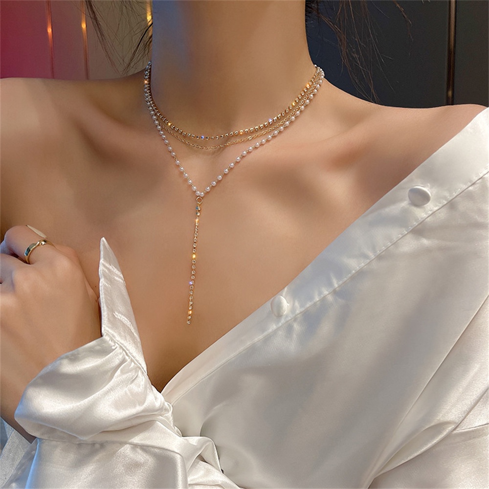 【COD Tangding】Kalung Rantai Klavikula Multi layer Bentuk Y Aksen Mutiara Berlian Gaya Korea Untuk Wanita