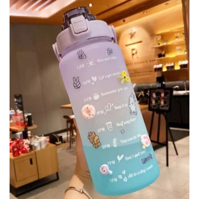 Botol Minum  2000ML Botol Minum Gradasi 2 Liter Penanda Waktu - Botol Minum Korea Viral Free Sticker 2D Dan 3D