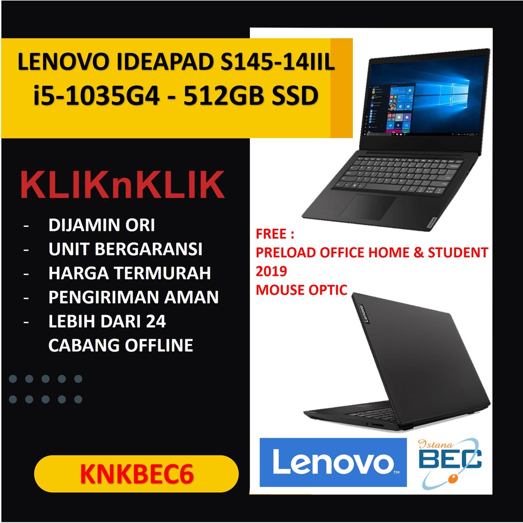 LAPTOP LENOVO IDEAPAD S145-14IIL i5-1035G4 RAM 8GB 512GB SSD BLACK