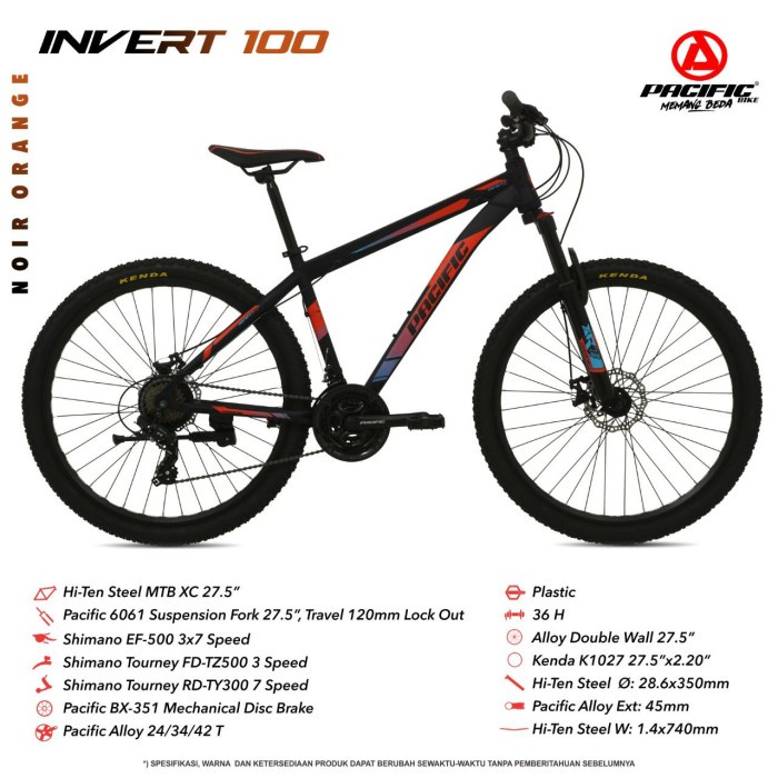 Sepeda Gunung MTB 27,5 Inch Pacific Invert New 100 VT Steel, 21 Speed - NOIR Orange