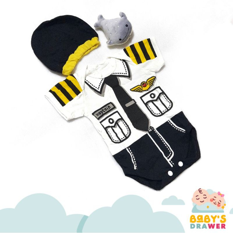 Set Jumper Bayi Pilot / Jumpsuit + Topi Captain / Pakaian Baby Lucu / Jumper Baby