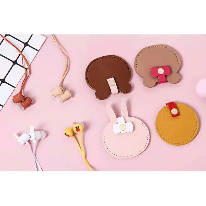 [KN-8128] Earphone Karakter Kartun Line / Penjepit Kabel Headset Kulit Lucu / Wadah Earphone Kartun