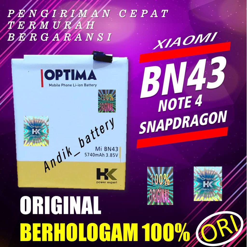 HK BN43 BATERAI XIAOMI / REDMI NOTE 4X 4 SNAPDRAGON BN 43 DOBEL POWER HK