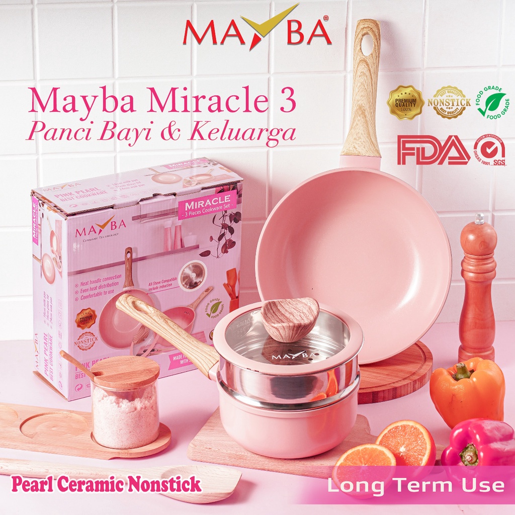 MAYBA MIRACLE 3 pieces keramik mutiara Wajan Wok 24cm and panci susu milkpan 16cm- Panci Keramik Set Maybe Ceramics